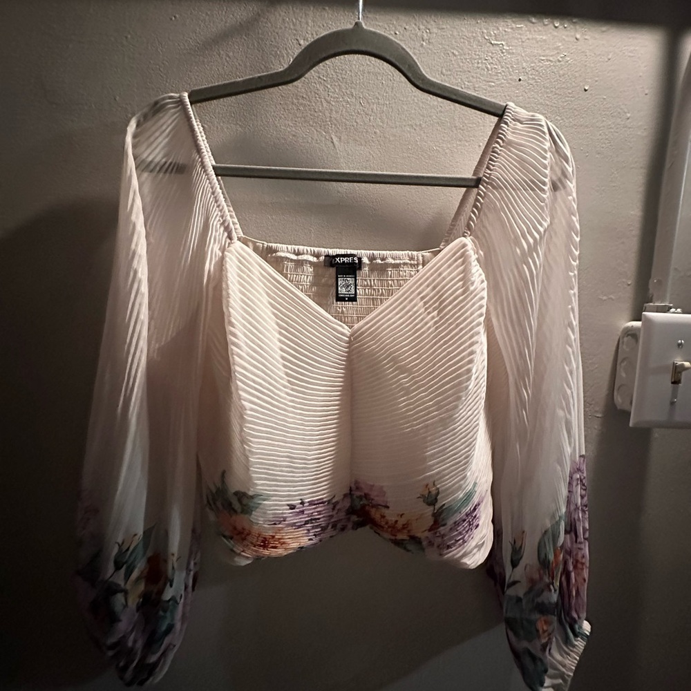 Express Cream Floral Blouse with Purple Accents